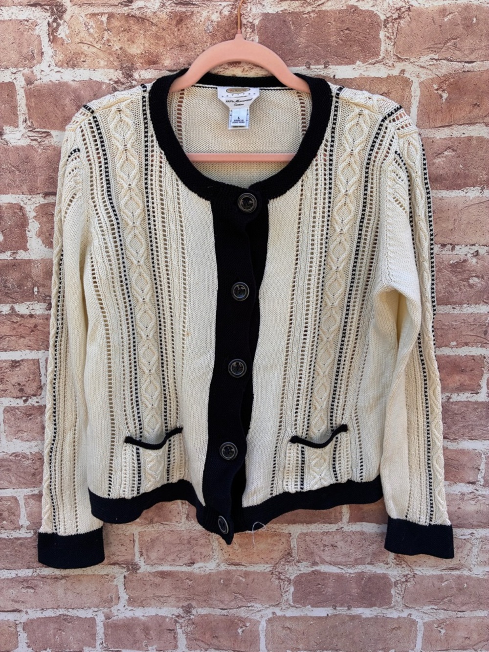Vintage Talbots Petites cream indigo cable Knit nautical Cardigan Sweater preppy
